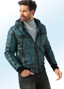 Clearance BADER Lederblouson mit angeschnittener Kapuze PETROL