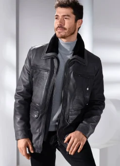 New BADER Lederjacke mit abtrennbarem Webpelzkragen ANTHRAZIT ANTIK