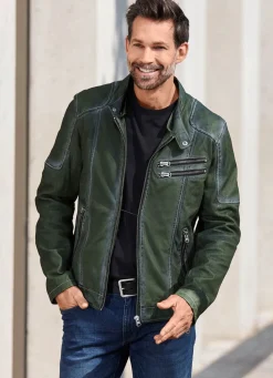 Hot BADER Lederkurzjacke mit Kapuze GRÜN ANTIK