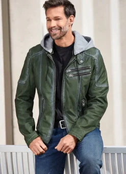 Hot BADER Lederkurzjacke mit Kapuze GRÜN ANTIK