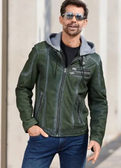 Hot BADER Lederkurzjacke mit Kapuze GRÜN ANTIK