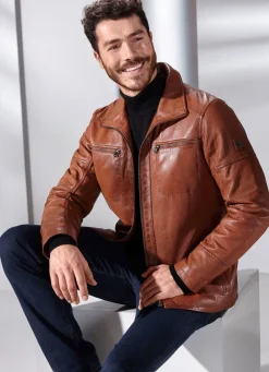 New BADER Lederkurzjacke mit Stehumlegekragen ANTIKCOGNAC