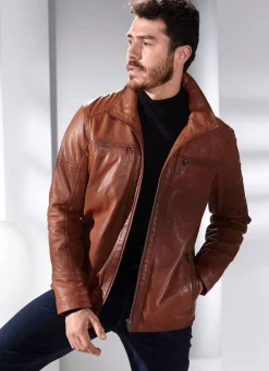 New BADER Lederkurzjacke mit Stehumlegekragen ANTIKCOGNAC