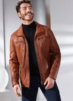 New BADER Lederkurzjacke mit Stehumlegekragen ANTIKCOGNAC