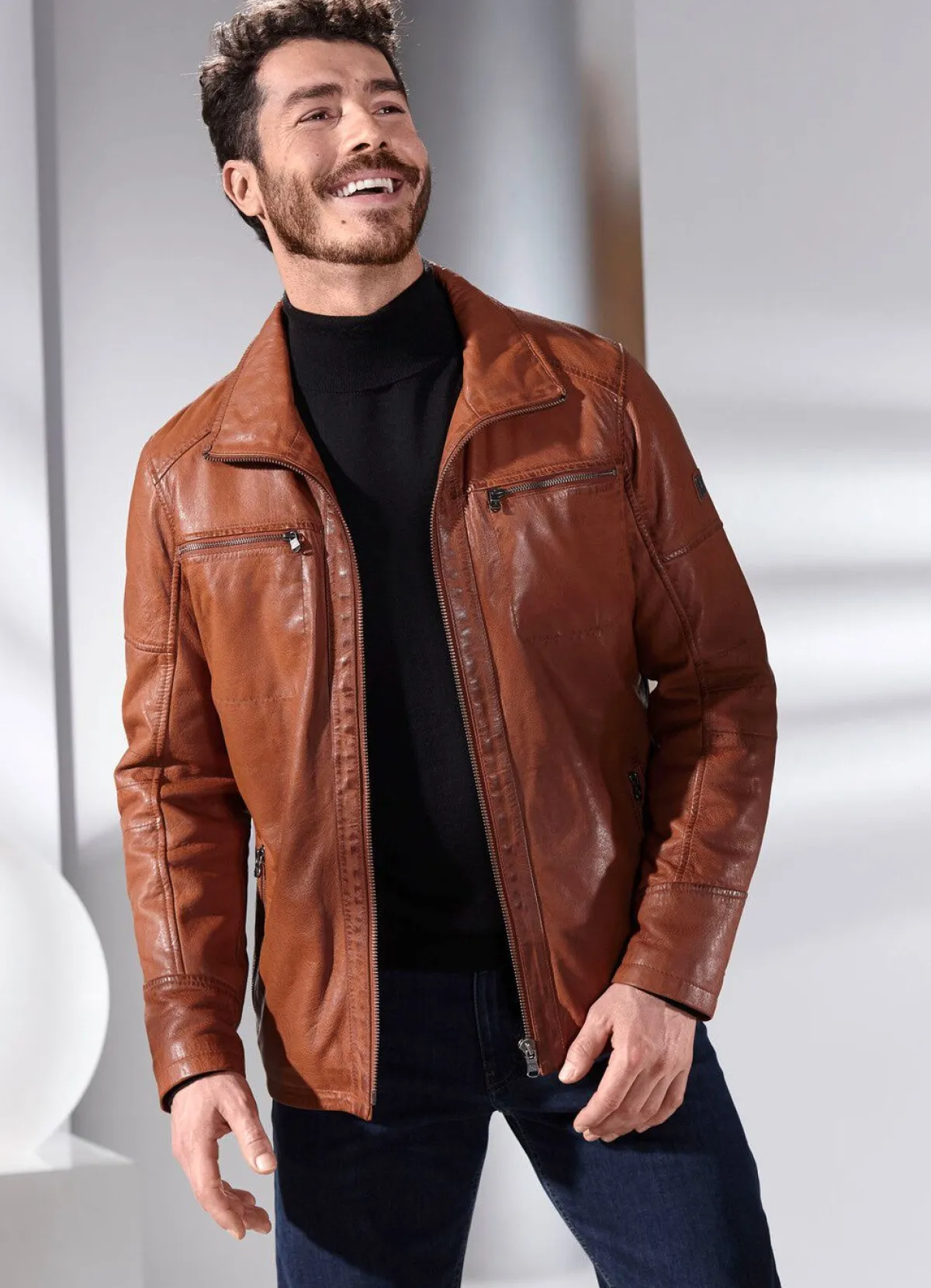 New BADER Lederkurzjacke mit Stehumlegekragen ANTIKCOGNAC