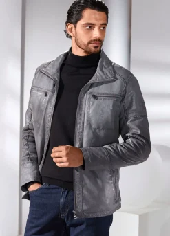 Outlet BADER Lederkurzjacke mit Stehumlegekragen ANTIKGRAU