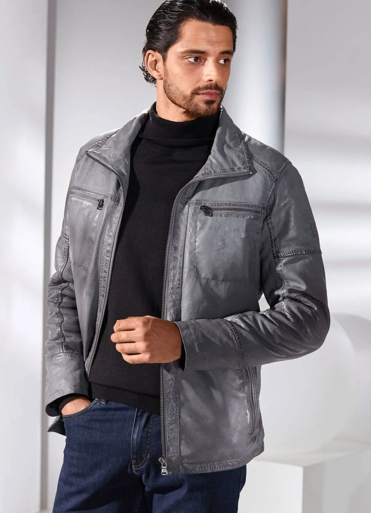 Outlet BADER Lederkurzjacke mit Stehumlegekragen ANTIKGRAU