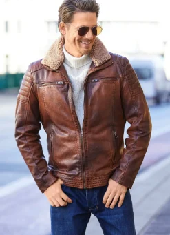 Hot BADER Lederkurzjacke mit Webpelzbesatz ANTIK COGNAC
