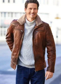 Hot BADER Lederkurzjacke mit Webpelzbesatz ANTIK COGNAC