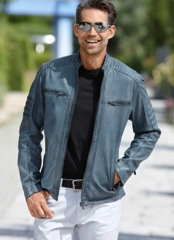 Outlet BADER Lederkurzjacke mit Ziernähten ANTIK JEANSBLAU