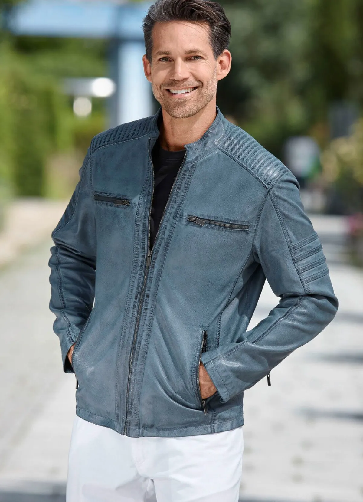 Outlet BADER Lederkurzjacke mit Ziernähten ANTIK JEANSBLAU