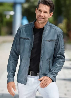 Outlet BADER Lederkurzjacke mit Ziernähten ANTIK JEANSBLAU