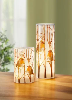 Clearance BADER LED-Windlicht mit Rotkehlchen-Motiv, 2er-Set WEISS-BRAUN