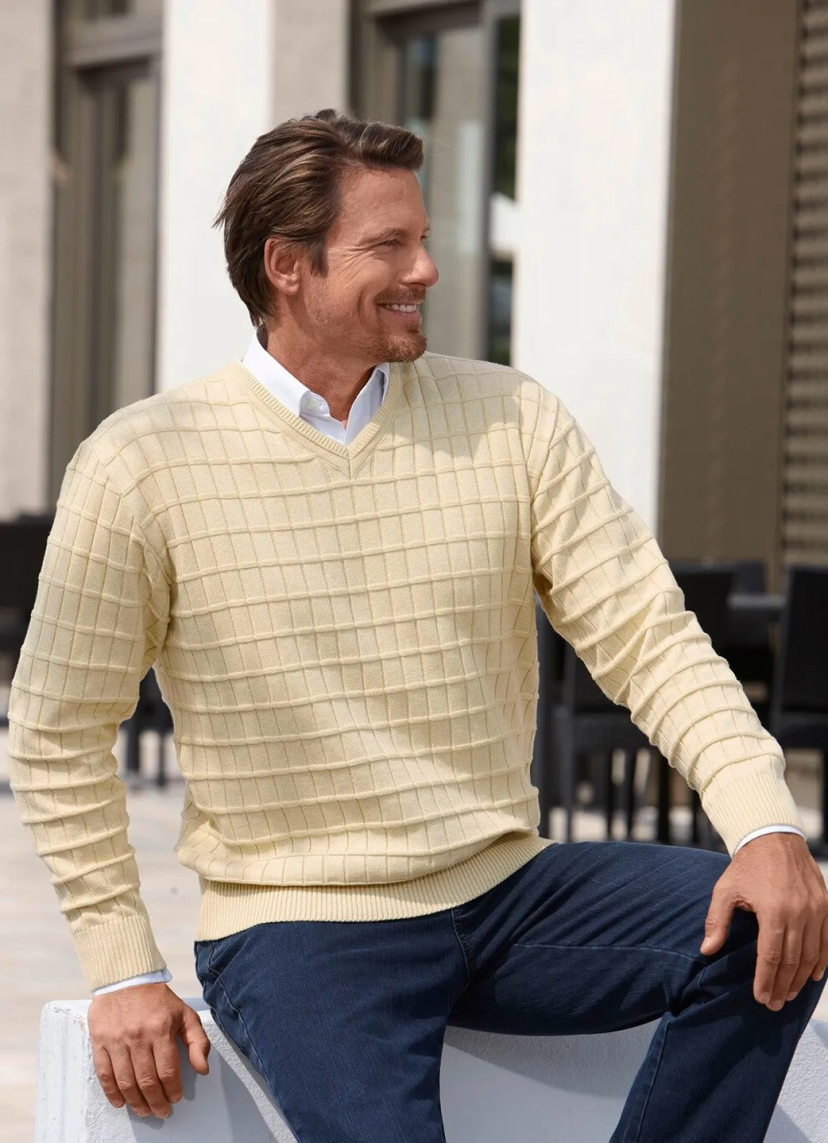 New BADER Legerer V-Pullover mit Strukturdessin in 3 Farben HELLGELB