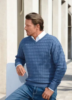 Discount BADER Legerer V-Pullover mit Strukturdessin in 3 Farben JEANSBLAU MELIERT