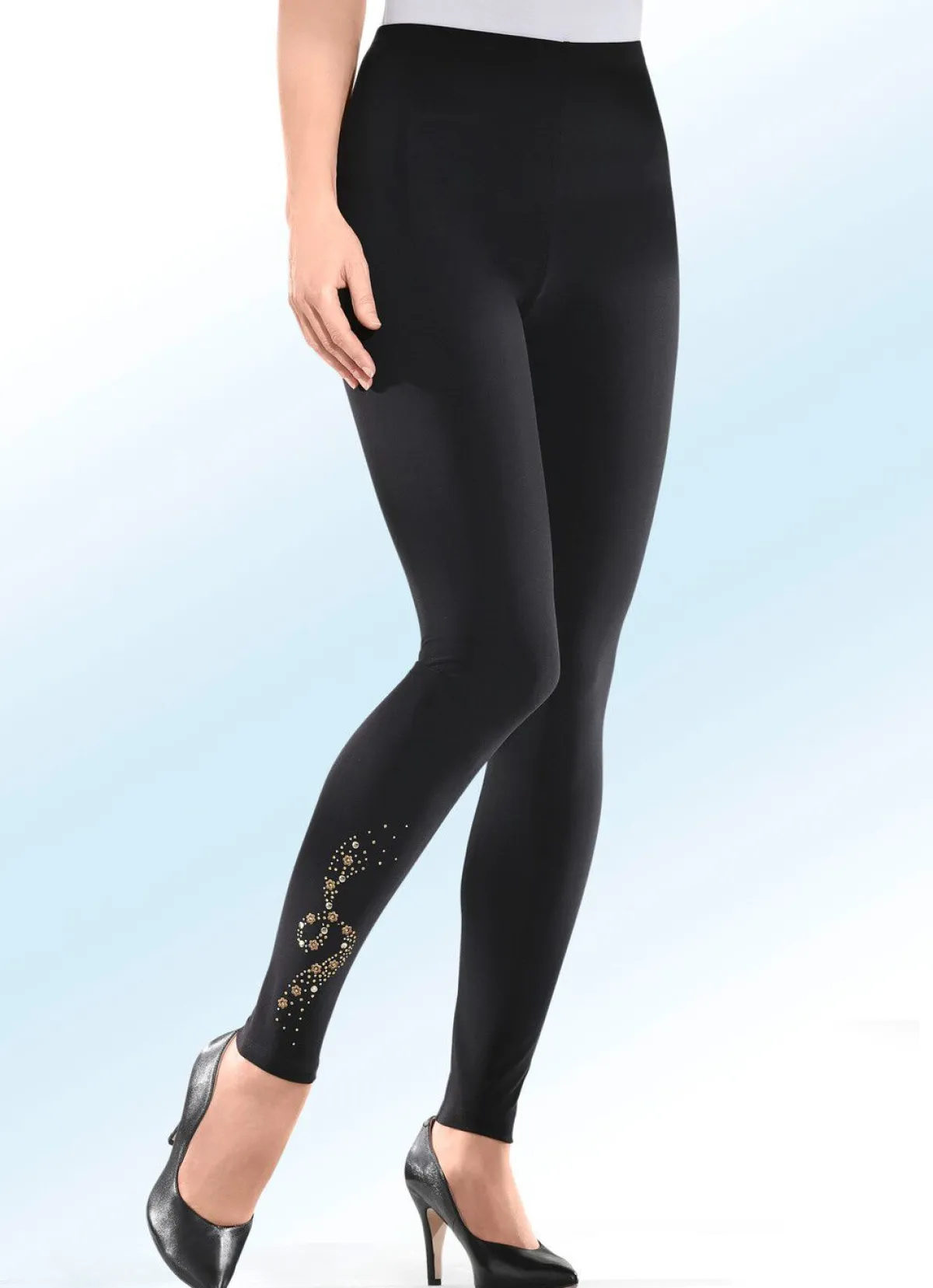 Online KLAUS MODELLE MADE IN GERMANY Leggings mit dekorativem goldfarbenem Strass- und Metallplättchen-Ziermotiv SCHWARZ