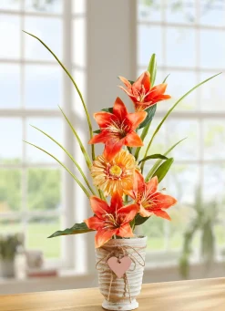 Online BADER Lilien-Gesteck in Vase ORANGE-GRÜN