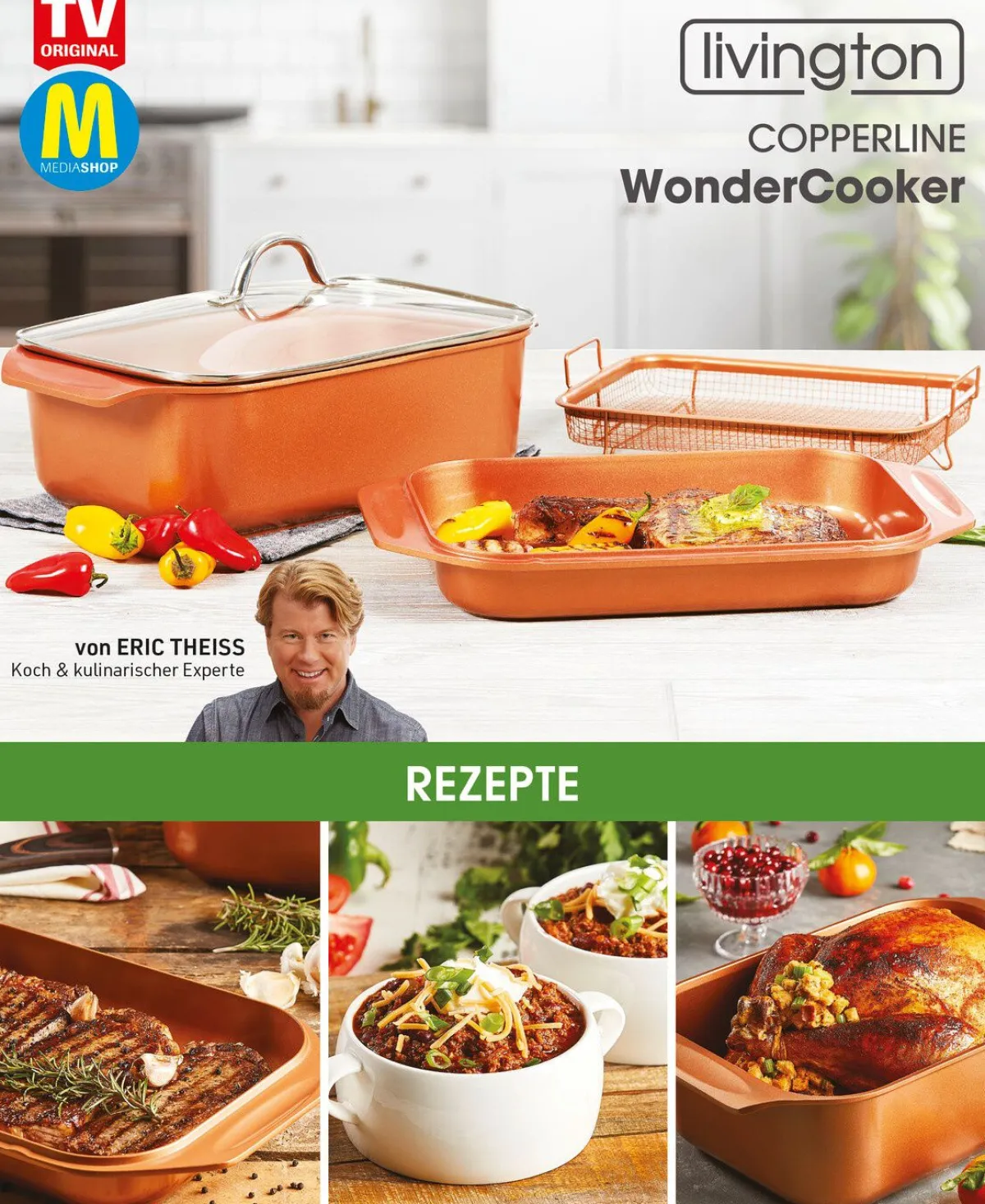 New LIVINGTON Copperline WonderCooker inkl. Glasdeckel BRAUN-KUPFER