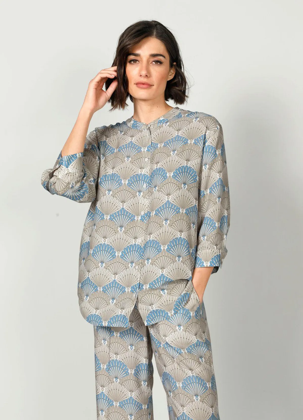 Online BADER Longbluse mit harmonischem Druck BLAU-TAUPE
