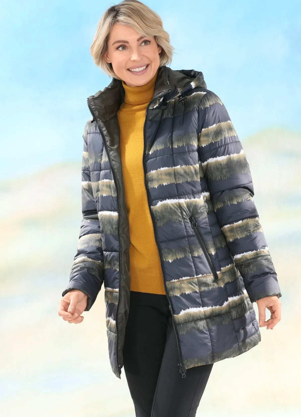 Outlet BADER Longjacke mit Fantasiedessin GRAU-KHAKI-MESSING-NATURWEISS