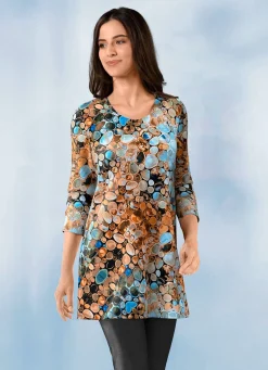 New KLAUS MODELLE MADE IN GERMANY Longshirt mit Allover-Druck BLAU-BRAUN-SCHWARZ