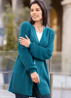 New BADER Long-Strickjacke in Perlfang PETROL MELIERT