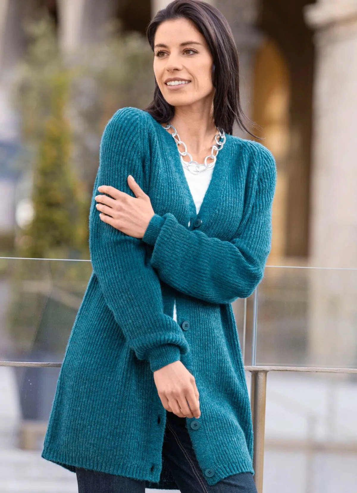 New BADER Long-Strickjacke in Perlfang PETROL MELIERT