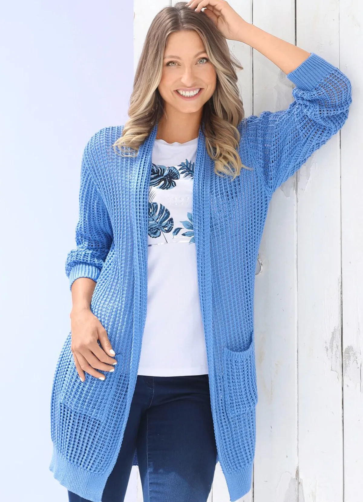 Discount BADER Long-Strickjacke in streckender Streifenoptik JEANSBLAU