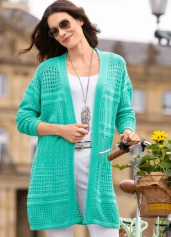 Sale BADER Long-Strickjacke in Struktur- und Ajourmustermix AQUA