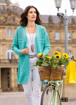 Sale BADER Long-Strickjacke in Struktur- und Ajourmustermix AQUA