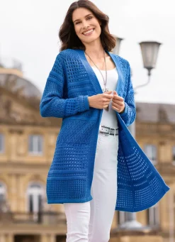 Discount BADER Long-Strickjacke in Struktur- und Ajourmustermix ROYALBLAU