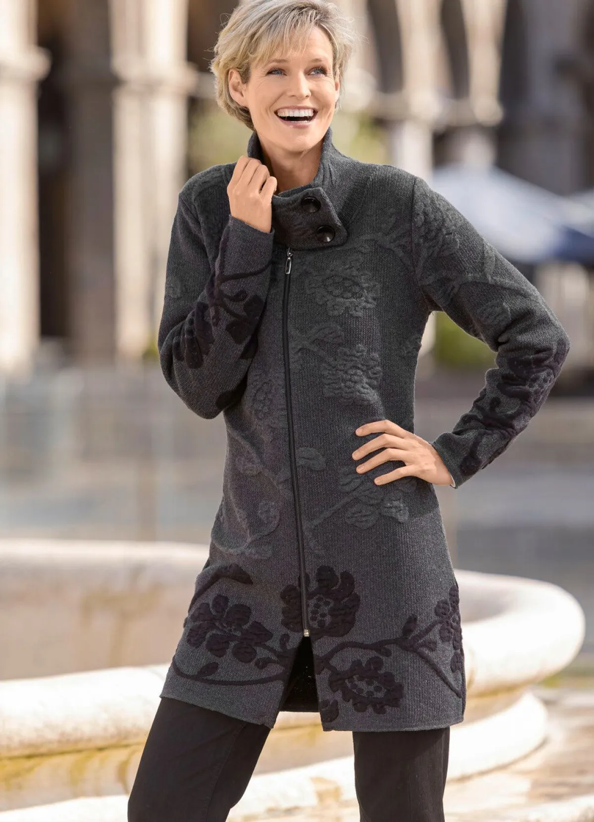 BADER Long-Strickjacke mit Cloqué-Effekten ANTHRAZIT-SCHWARZ