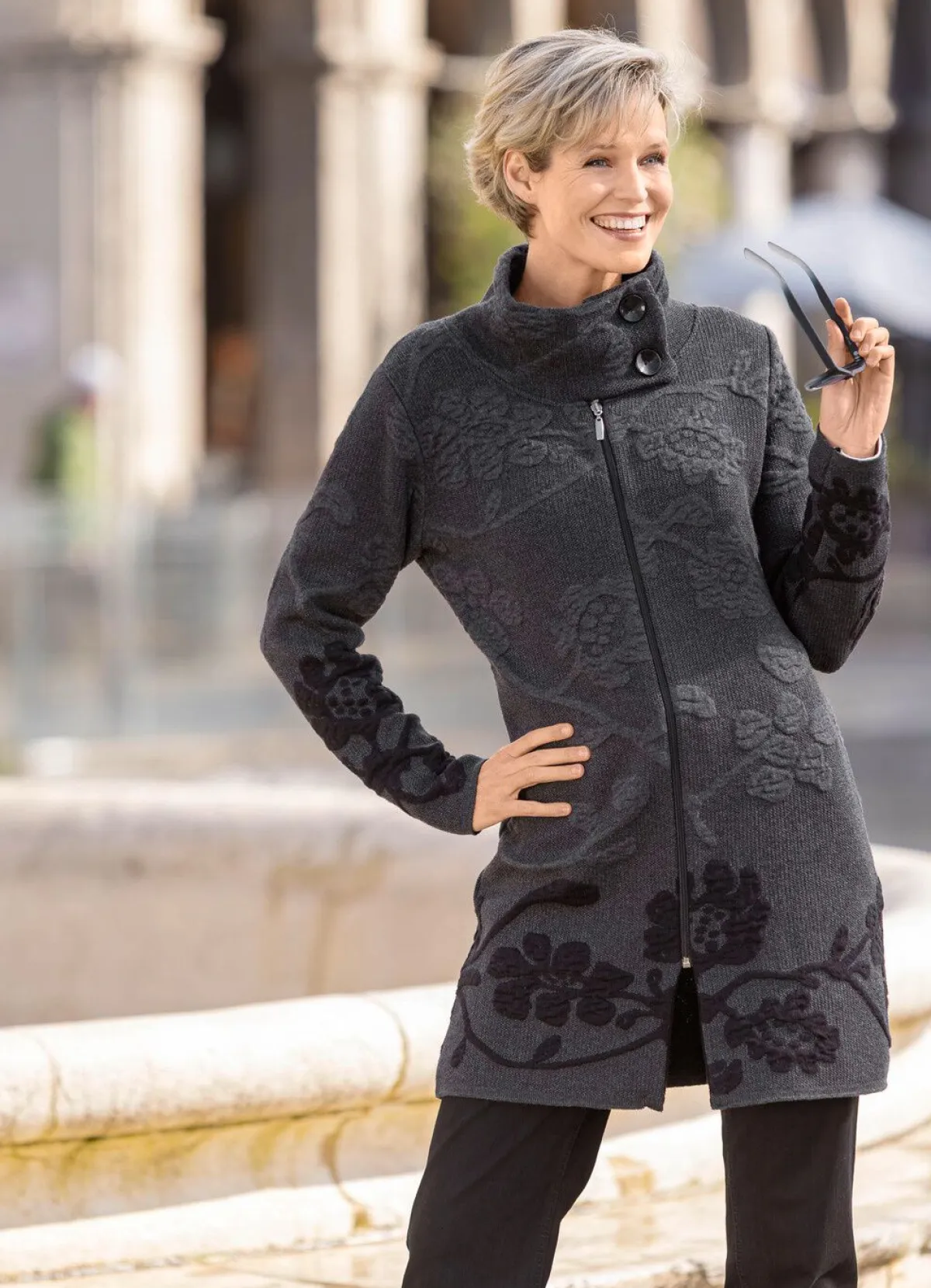 BADER Long-Strickjacke mit Cloqué-Effekten ANTHRAZIT-SCHWARZ
