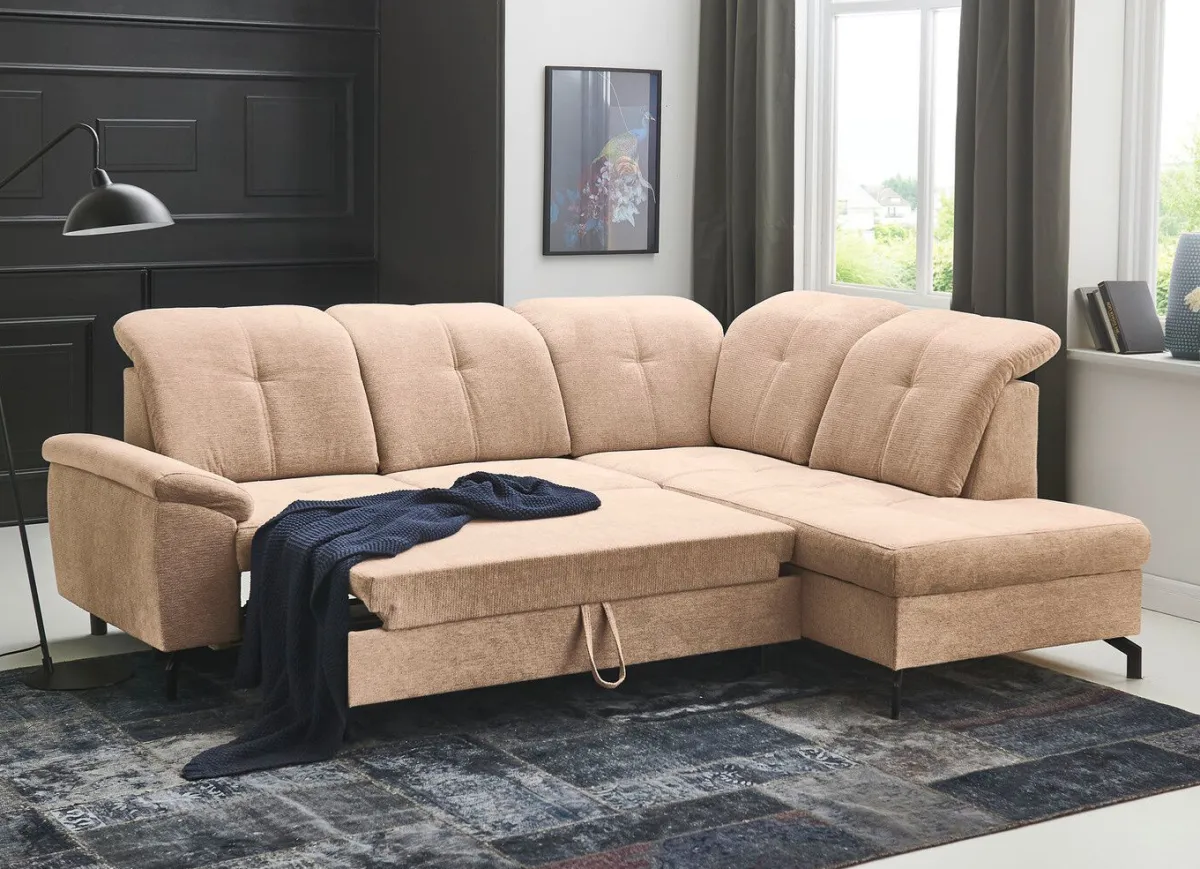 Online BADER Moderne Polsterecke mit Bettfunktion und Bettkasten BEIGE