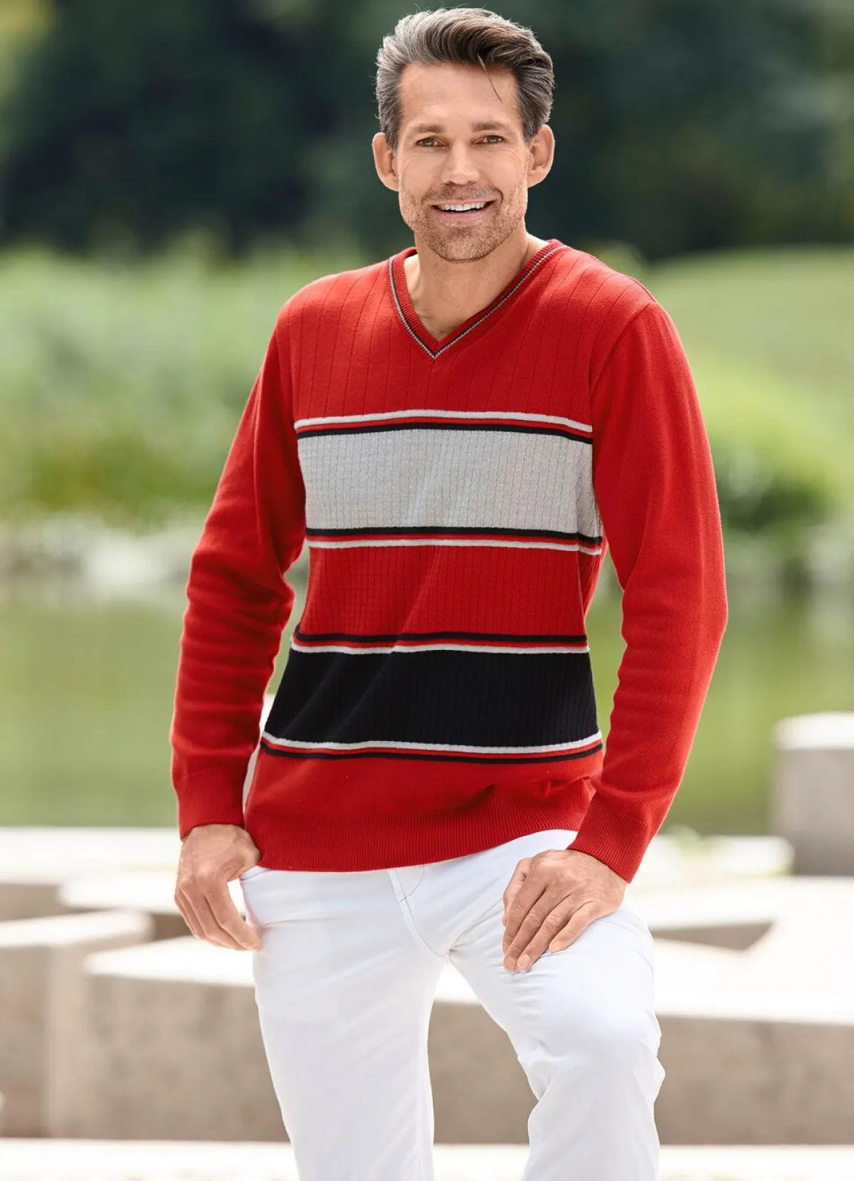 BADER Moderner V-Pullover ROT-GRAU-SCHWARZ