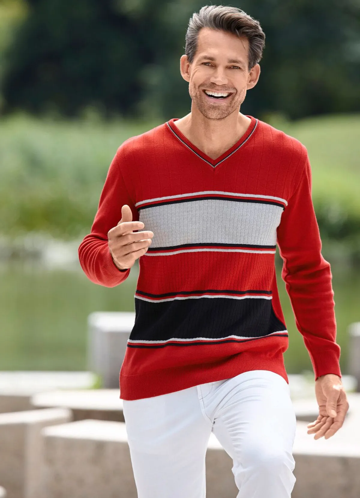 BADER Moderner V-Pullover ROT-GRAU-SCHWARZ