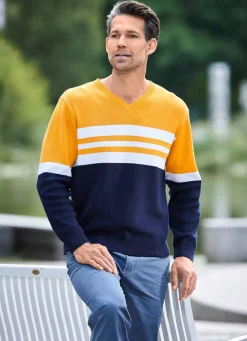 Hot BADER Modischer V-Pullover MARINE-OCKER-WEISS
