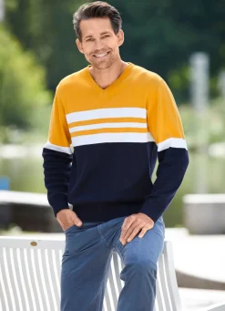 Hot BADER Modischer V-Pullover MARINE-OCKER-WEISS