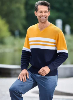 Hot BADER Modischer V-Pullover MARINE-OCKER-WEISS