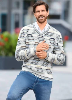 Best BADER Modischer V-Pullover mit Intarsienmuster ECRU-BEIGE-MARINE