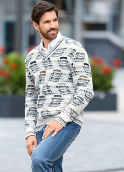 Best BADER Modischer V-Pullover mit Intarsienmuster ECRU-BEIGE-MARINE