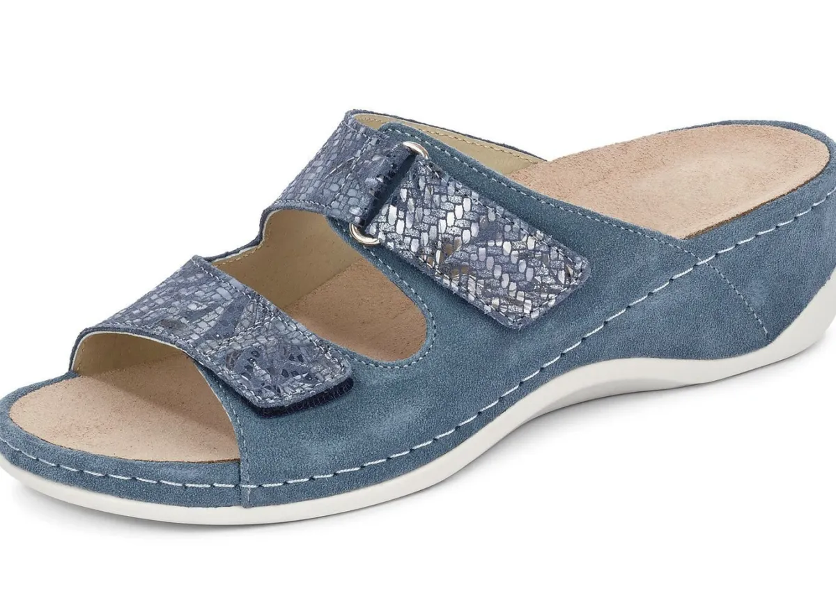 Discount MUBB , bequeme Damen-Pantoletten, Weite H, mit herausnehmbarem Fußbett JEANSBLAU