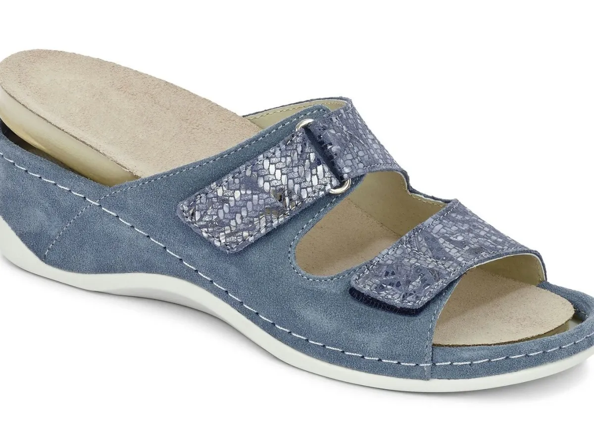Discount MUBB , bequeme Damen-Pantoletten, Weite H, mit herausnehmbarem Fußbett JEANSBLAU