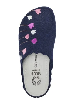Outlet MUBB , klassische Damen-Hausschuhe, Weite H, mit Blumen-Stickerei MARINE