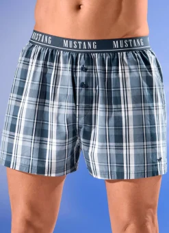New MUSTANG Zweierpack Boxershorts mit Elastikbund 1X BLAU-WEISS, 1X UNI RAUCHBLAU