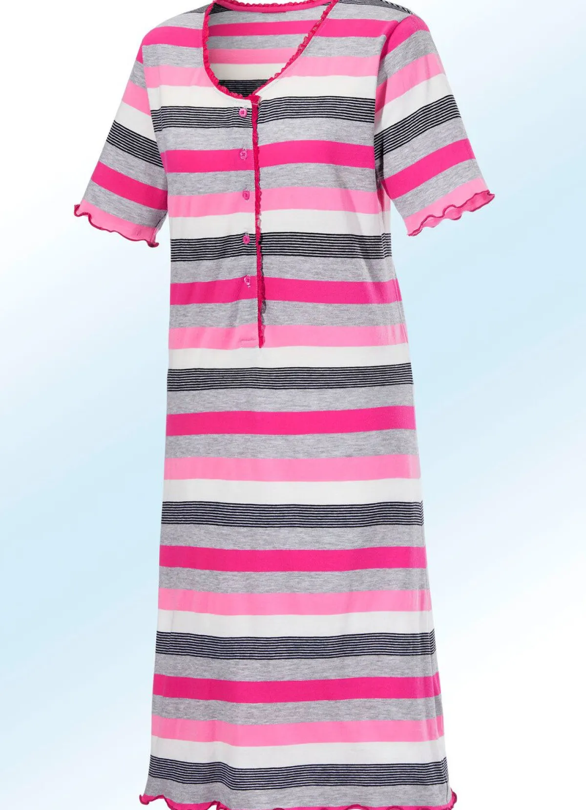 Hot BADER Nachthemd mit Knopfleiste und garngefärbtem Ringeldessin GRAU-FUCHSIA