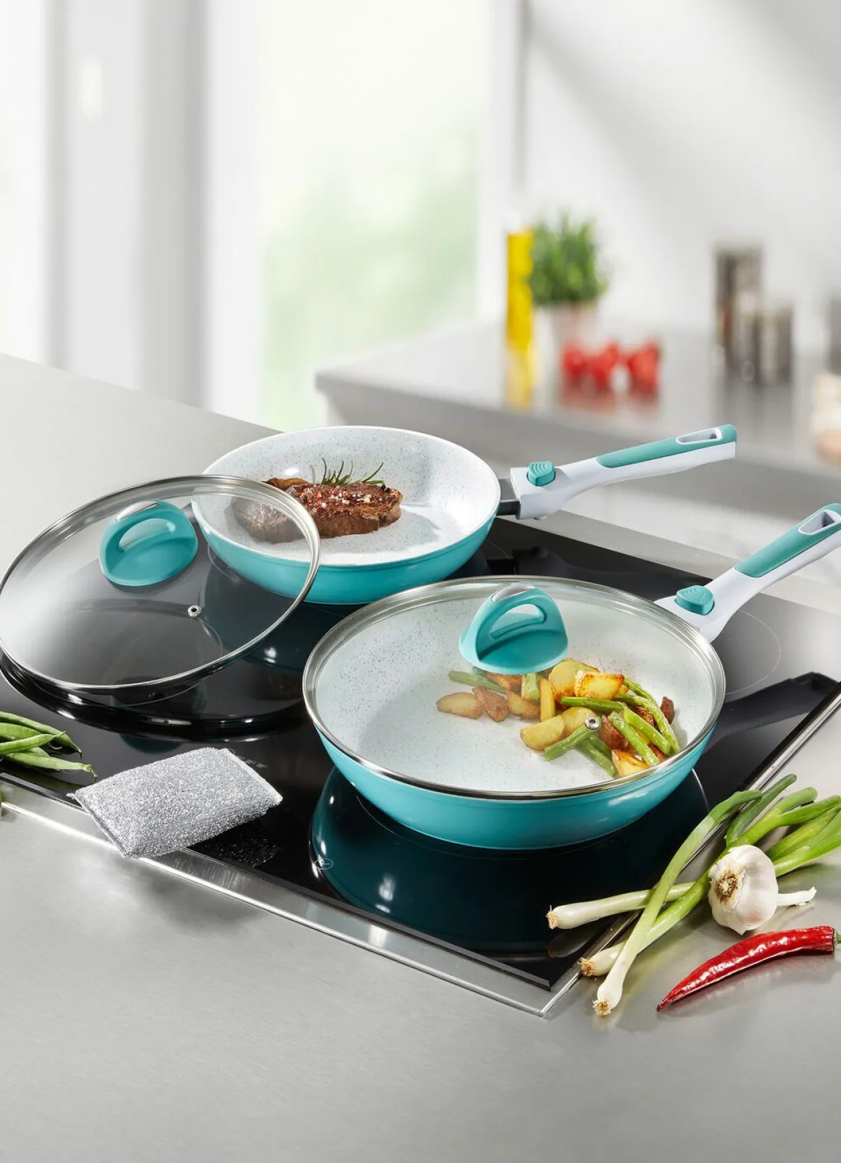 Best BADER Pfannen-Set mit abnehmbaren Silikongriffe WEISS-MINT