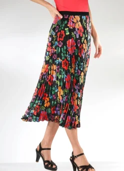 New KLAUS MODELLE MADE IN GERMANY Plissee-Rock mit floraler Dessinierung SCHWARZ-BUNT