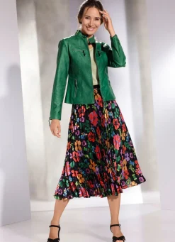 New KLAUS MODELLE MADE IN GERMANY Plissee-Rock mit floraler Dessinierung SCHWARZ-BUNT
