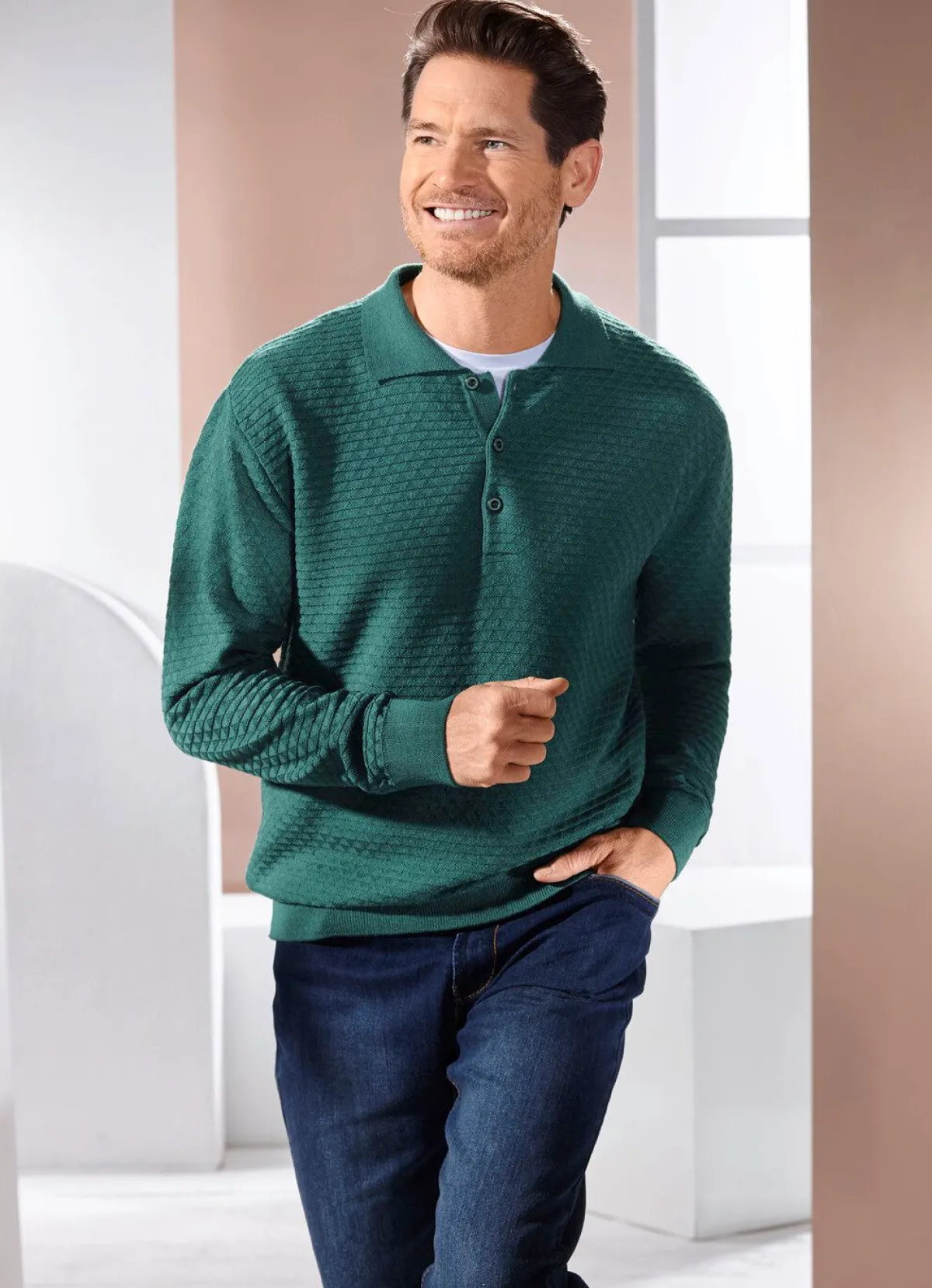 BADER Polopullover mit kurzer Knopfleiste in 3 Farben PETROL